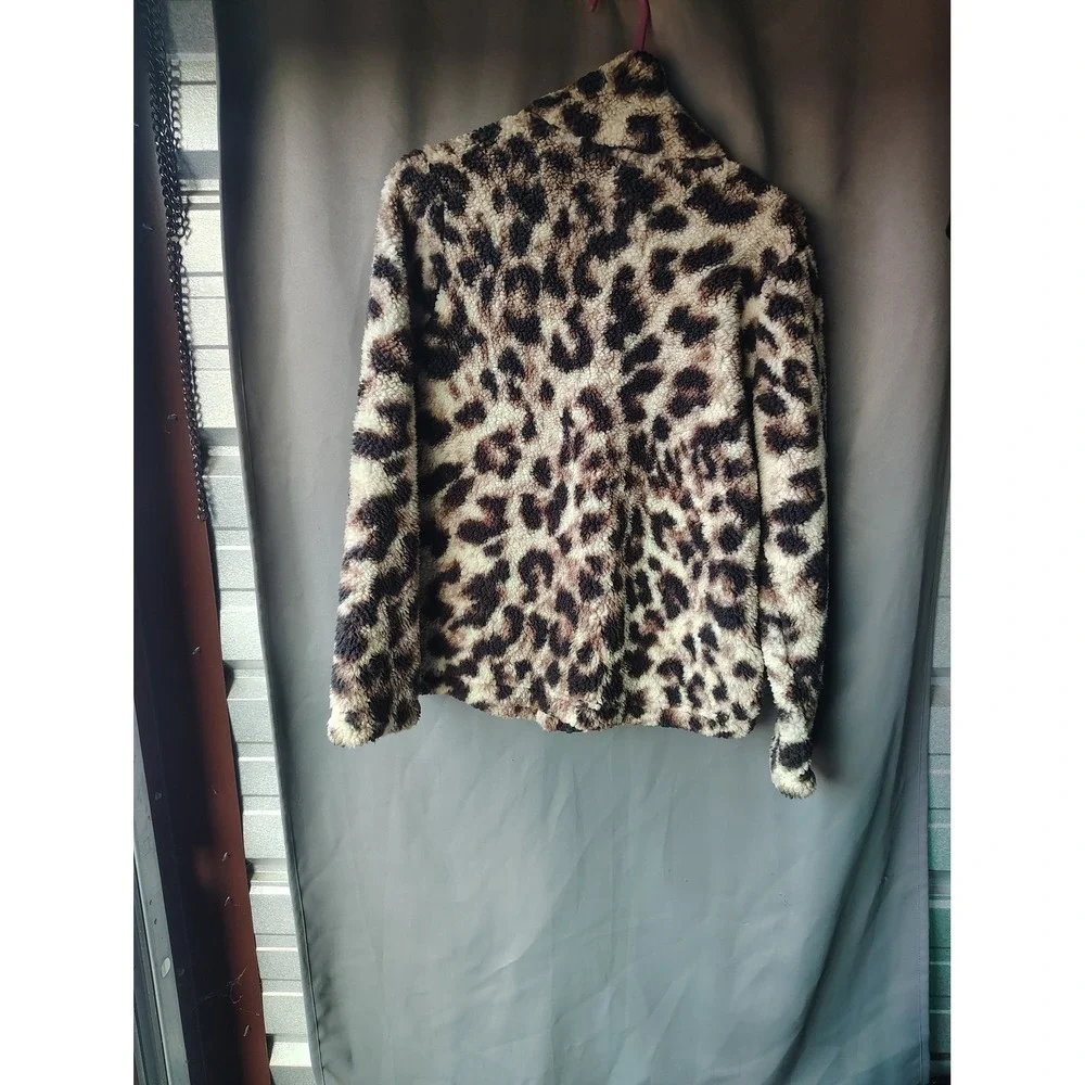 Members Mark Womens Cozy Sherpa Leopard Full Zip Fleece Jacket Brown Medium